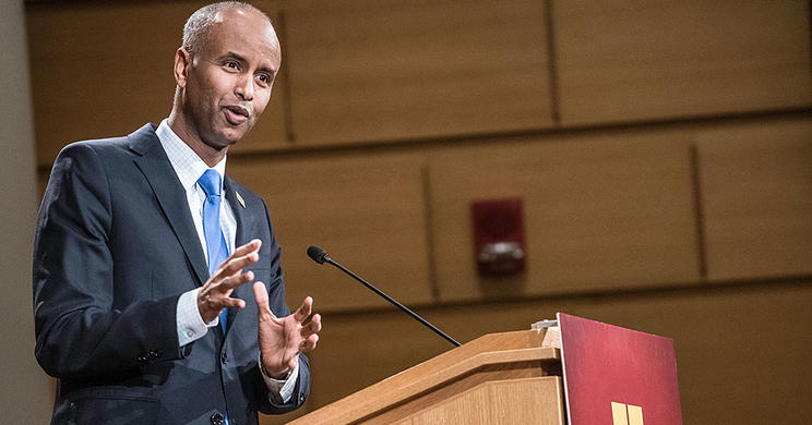 Ahmed Hussen speaking at the Humphrey School