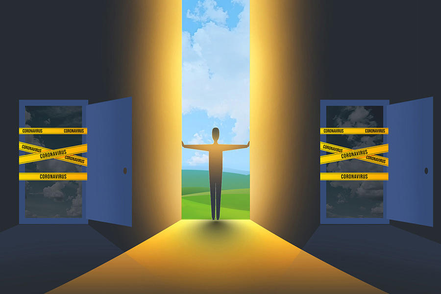 Illustration of person finding an open door amid those blocked off by yellow tape