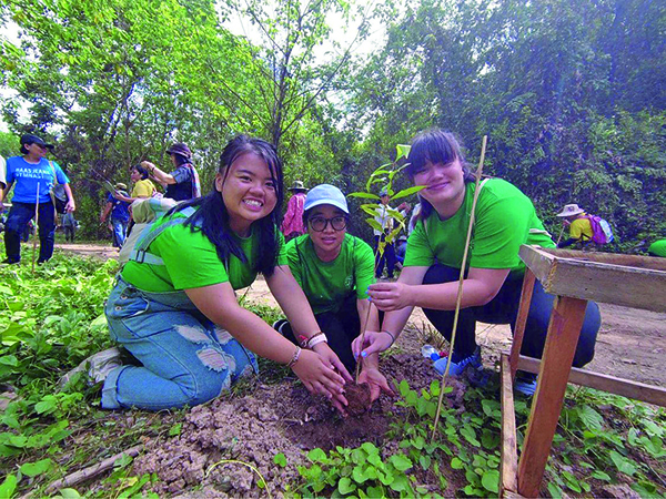 Three people plant a tree in Thailand