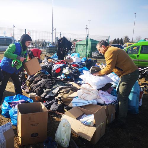 People sort through donations 