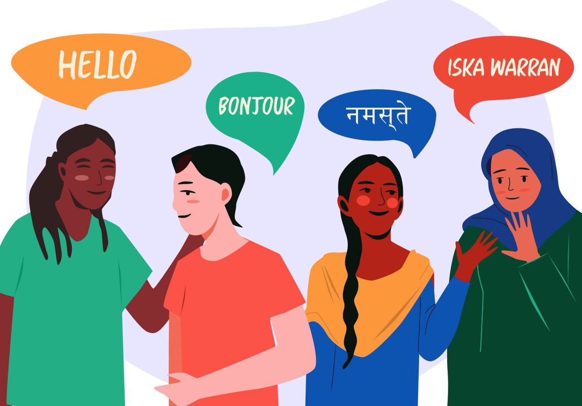 an illustration of four people with speech bubbles saying hello in multiple languages.