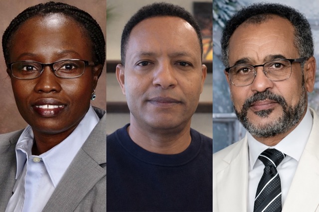 Headshots of, from left to right, Awa Saidy, Bula Wayessa and Bekele Dako.