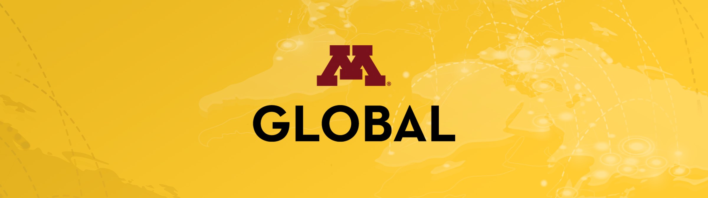 gold box with globe and country pattern and M Global logo with the maroon UMN block M and the nword global