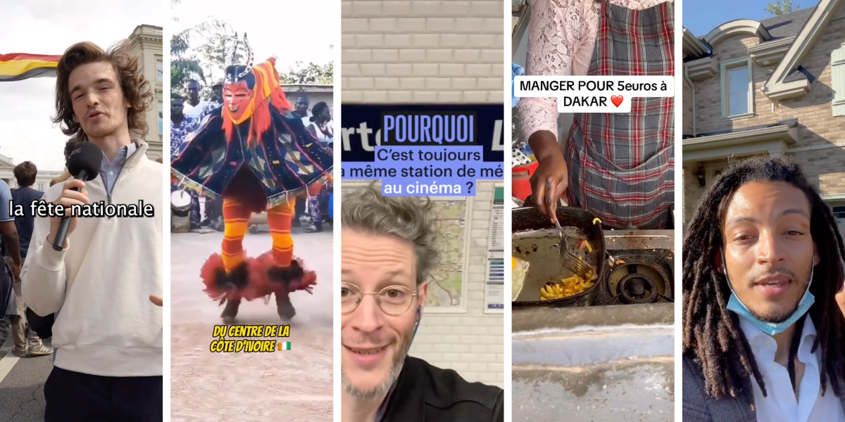 Screenshots from TikToks in the database, featuring a man talking in Belgium, a traditional dancer in the Ivory Coast, a man talking in a French metro station, a person with food in Dakar, and a man in front of a house in Quebec