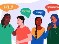 an illustration of four people with speech bubbles saying hello in multiple languages.